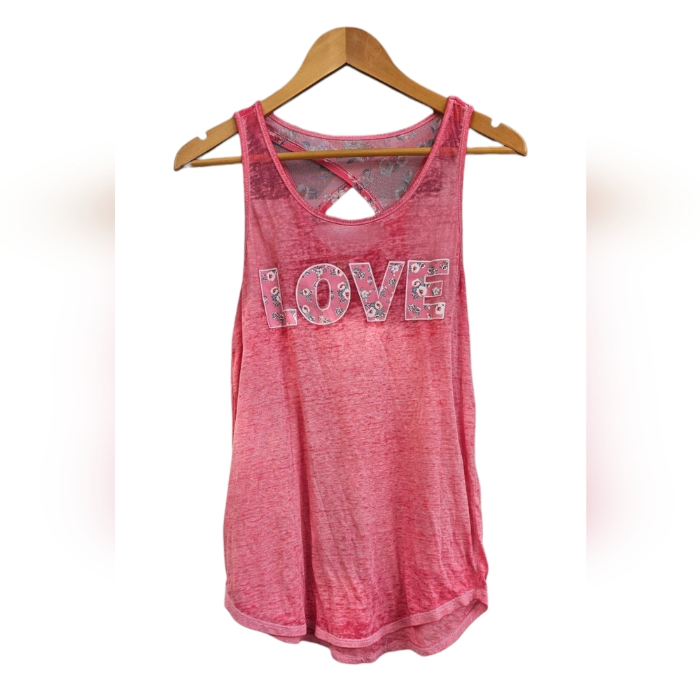 Bobbie Brooks - Pink Tank Top with 'LOVE' Graphic Semi Sheer Floral